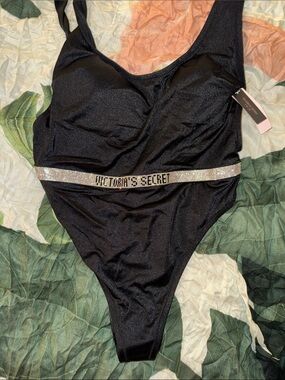 Victoria's Secret Black One-Piece with High Sides and Bling Logo Band